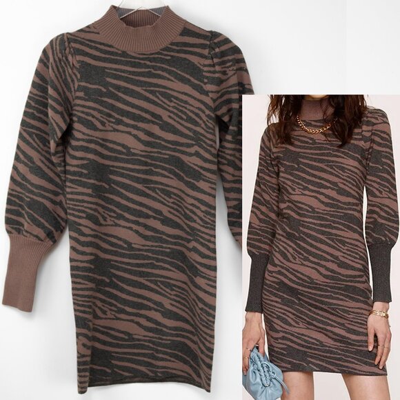 Heartloom Dresses & Skirts - Heartloom Lari Dress Mini Tiger Print Jacquard Knit Long Sleeve Brown XS New